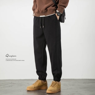 轻澜秋冬新款黑色休闲裤男款宽松束脚运动卫裤大码加绒加厚裤子