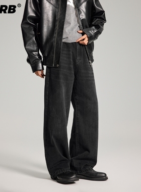 RHRB男士直筒阔腿黑色牛仔裤男款冬季新款美式高街黑牛宽松长裤子