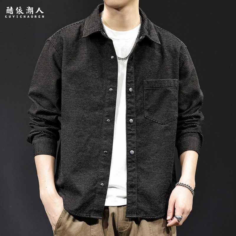雪尼尔条纹衬衫男2026新款春秋休闲工装衬衣男士外套长袖大码秋季