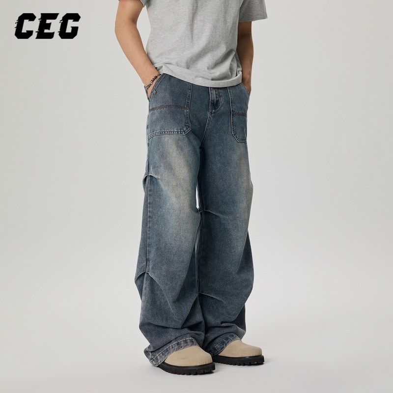CEG 美式复古水洗做旧工装牛仔裤男百搭褶皱直筒高街休闲裤子情侣
