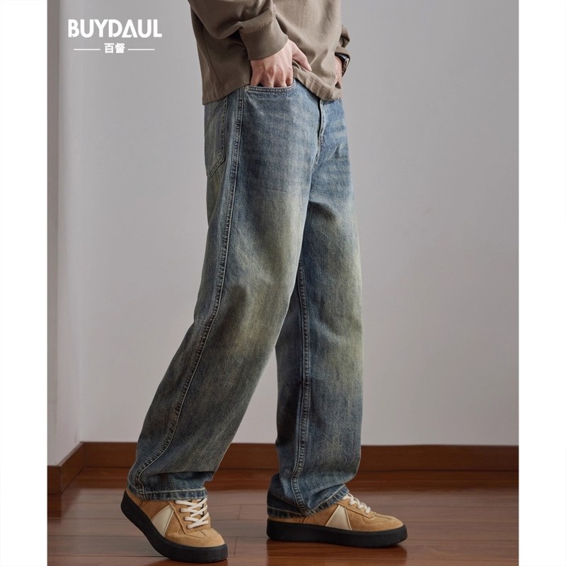 秋冬季加绒加厚牛仔裤男士宽松直筒休闲复古水洗做旧阔腿垂感长裤