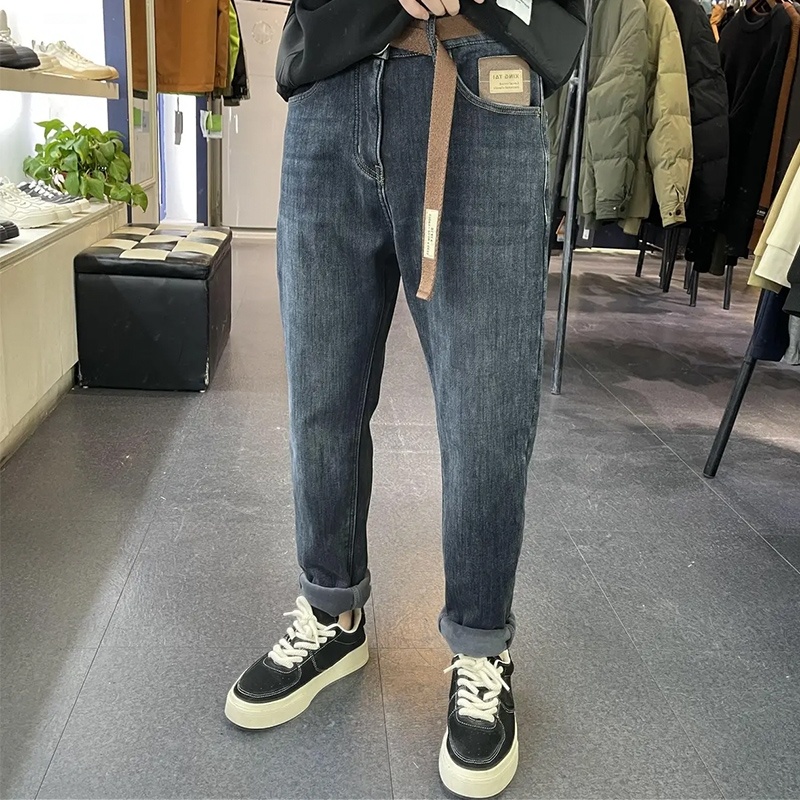 复古水洗牛仔裤男士春秋季2025新款宽松直筒加绒厚休闲长裤子冬潮