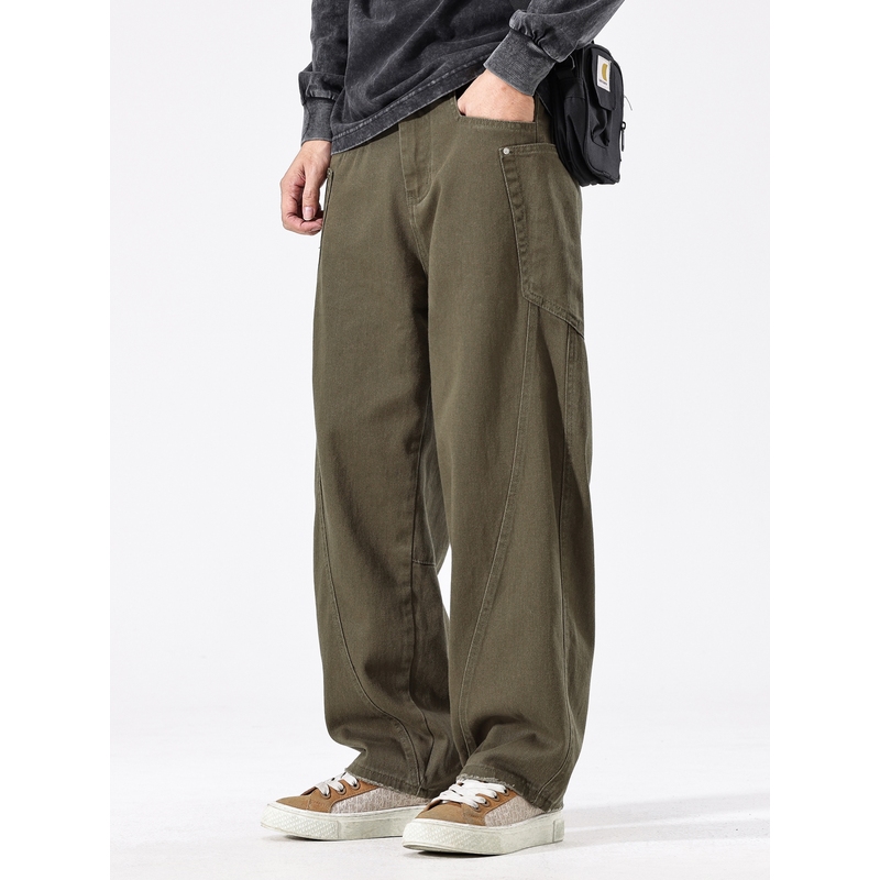 August美式潮牌加绒弯刀牛仔裤子男款秋季宽松直筒男士休闲长裤男