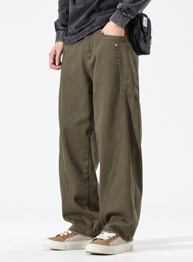 August美式潮牌加绒弯刀牛仔裤子男款秋冬宽松直筒男士休闲长裤男