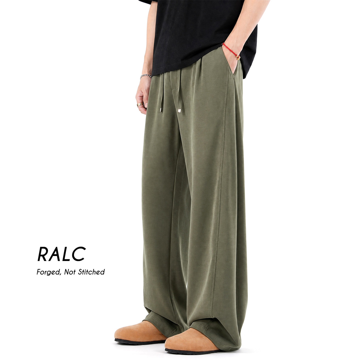RALC夏季薄款松紧腰简约垂感阔腿休闲裤大码男宽松直筒军绿色长裤
