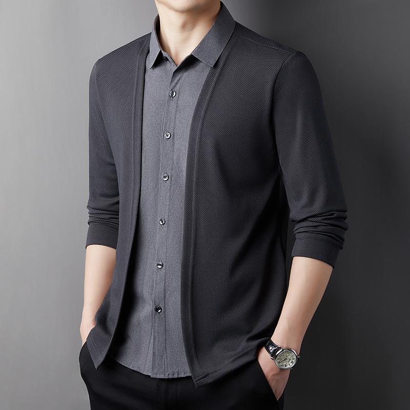中年男士2025秋春秋季新款毛衣衬衫领爸爸装假两件套打底上衣单穿