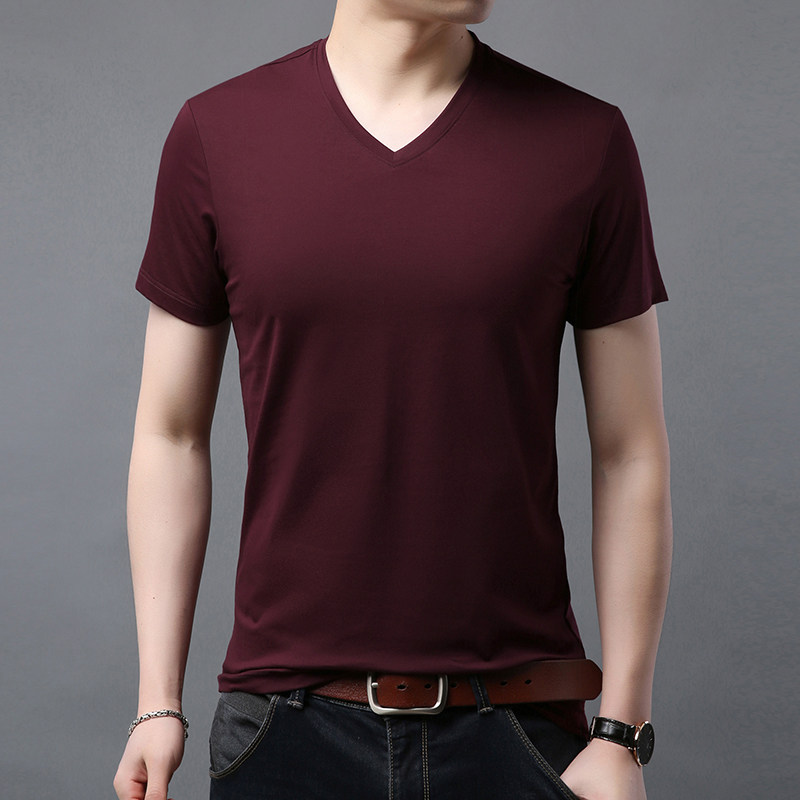 男士红色冰丝V领短袖T恤中年爸爸装凉感本命年婚宴纯棉纯色上衣服