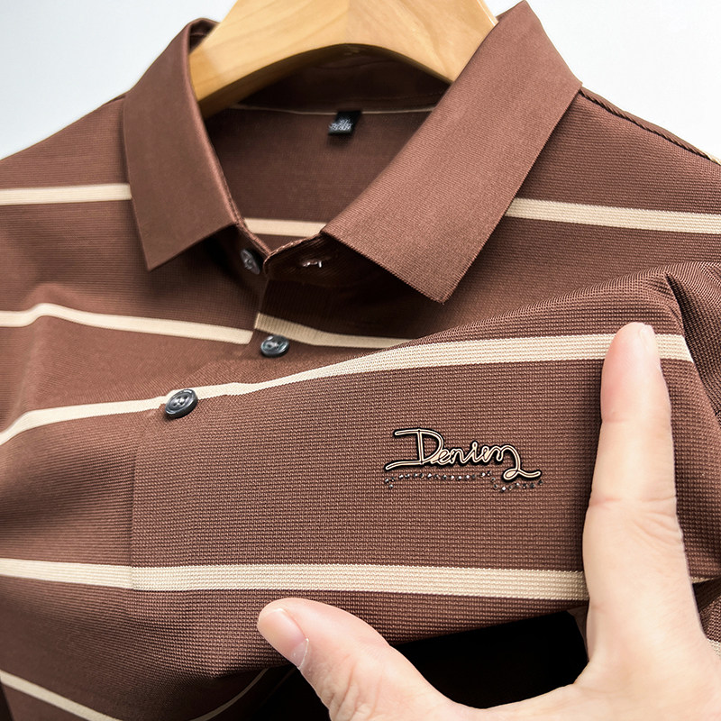 男士凉感红色短袖T恤夏季翻领polo衫爸爸装冰丝条纹本命年上衣服