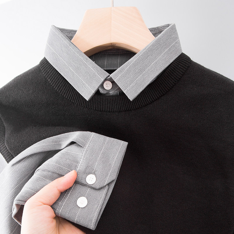 男士毛衣打底针织衫秋冬季新款上衣服中年爸爸装真假两件套衬衫领