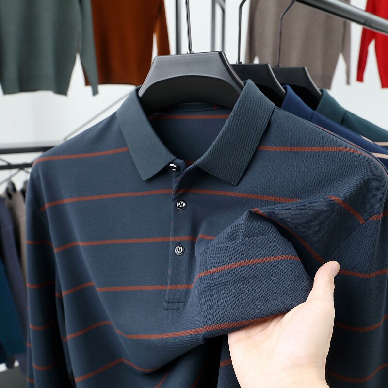 男士POLO衫长袖t恤春秋款中年爸爸装上衣服有带翻领口袋秋衣外穿