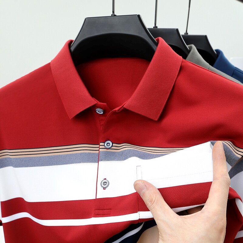 真口袋~男士夏季新款短袖polo衫翻领T恤中年爸爸装条纹长袖上衣服