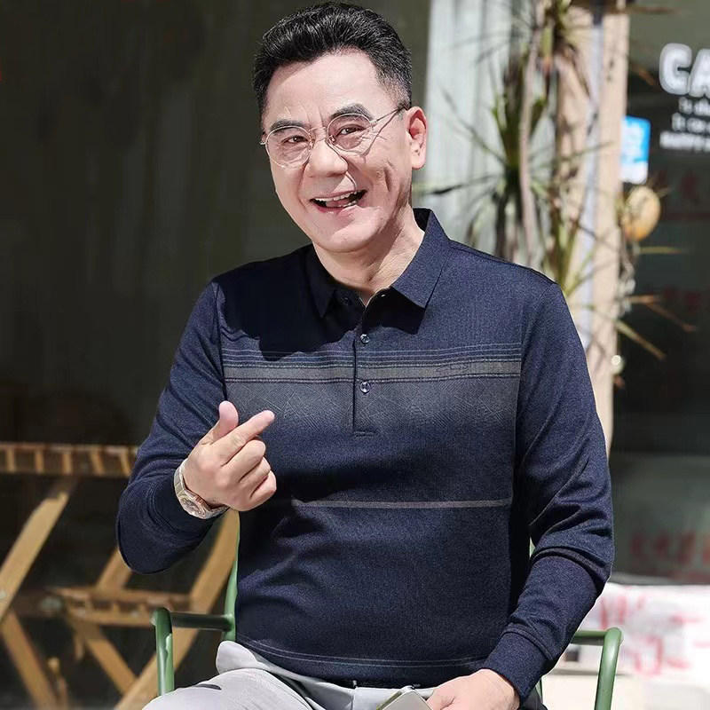 男士polo衫长袖t恤翻有带领中年爸爸春秋装衣服土40岁50岁上衣
