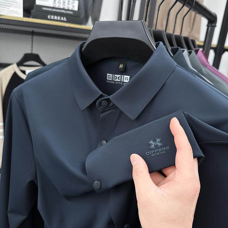 轻奢男士长袖t恤春秋季新款中年爸爸装翻领带领polo衫无缝上衣服