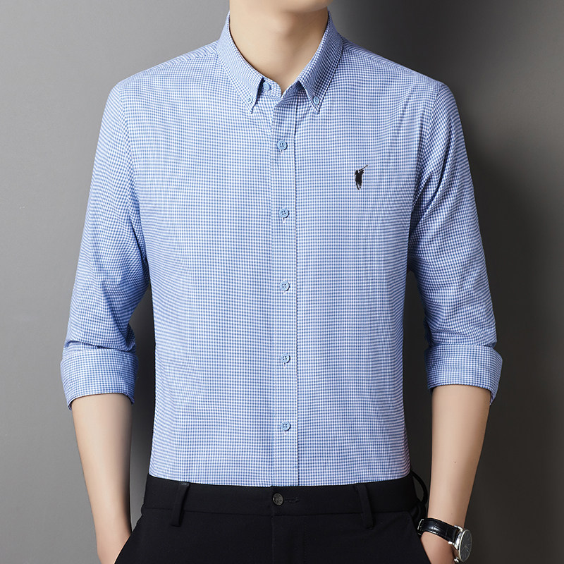 男士春秋季新款长袖衬衫上衣中年爸爸装纯棉保罗刺绣格子衬衣外穿