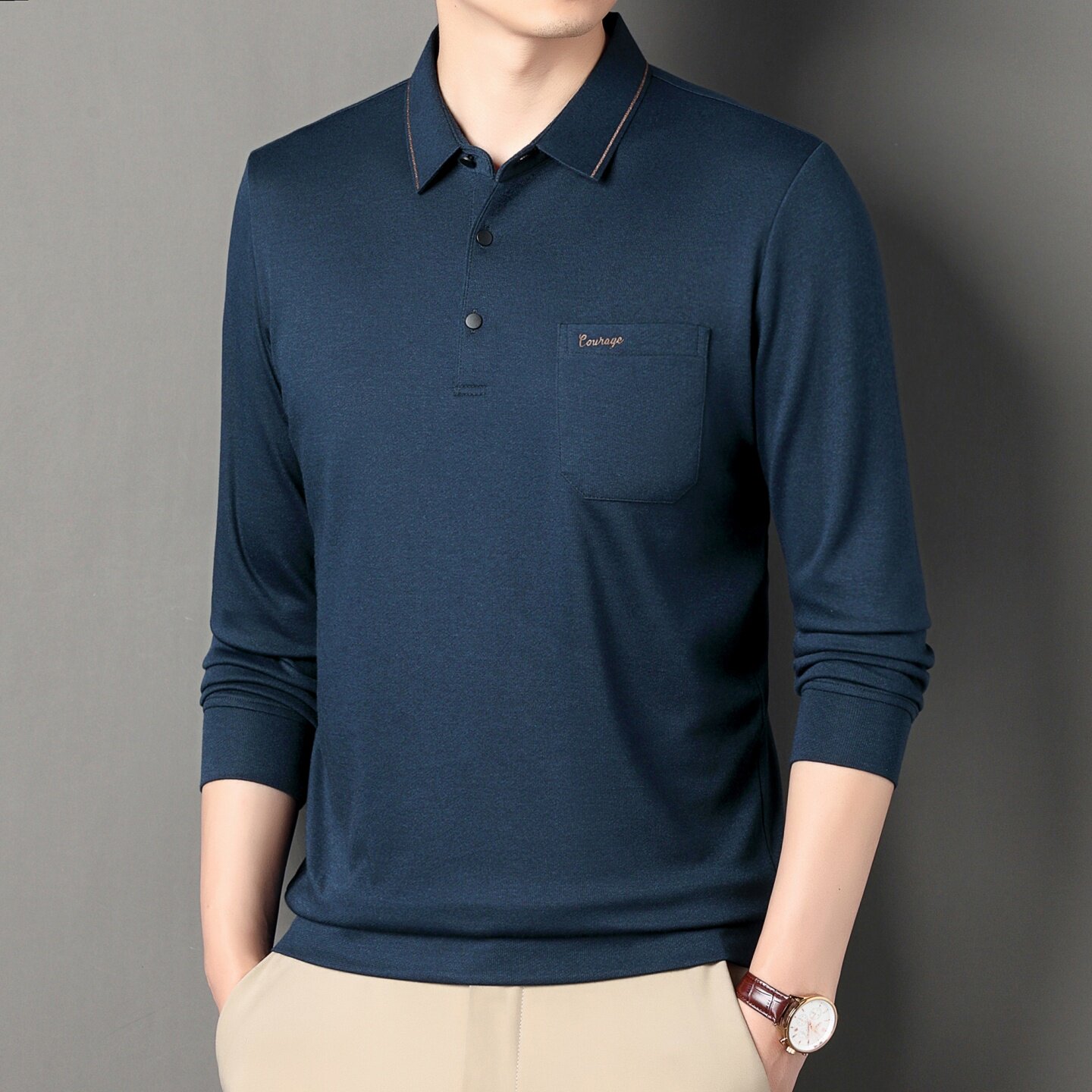 真口袋男士秋季新款长袖T恤上衣服中年爸爸装翻领加绒轻奢polo衫