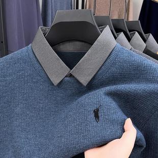 男士毛衣打底冬季中年爸爸假两件衬衫领战马刺绣针织衫加绒上衣服