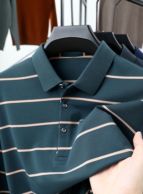 中年男士保罗POLO衫长袖t恤条纹poll爸爸春秋装翻有带领poli上衣