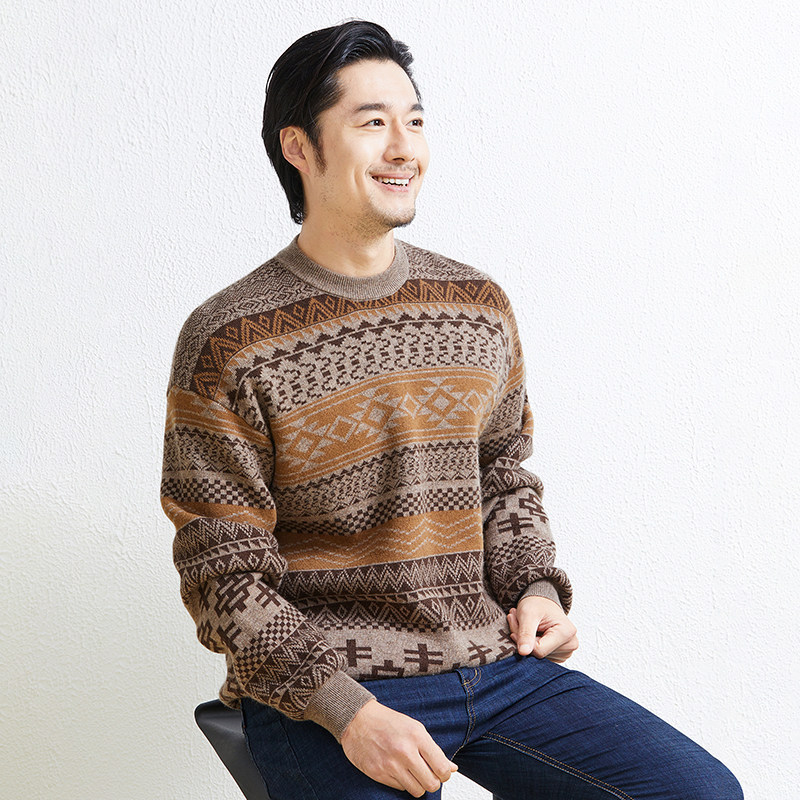 男士秋冬季新款打底针织衫牦牛绒圆领中年爸爸装加厚毛衣羊绒上衣
