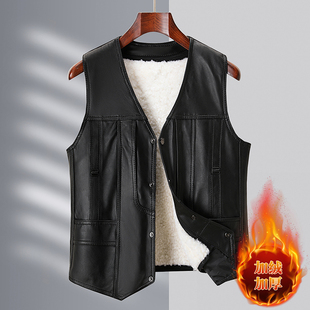 中老年男士秋冬季新款纯羊皮马甲加绒中年爸爸装加绒背心内搭外穿