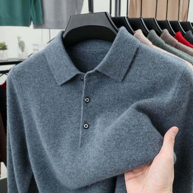 2024男士秋冬季新款针织100纯羊毛衫中年爸爸装翻领毛衣打底上衣