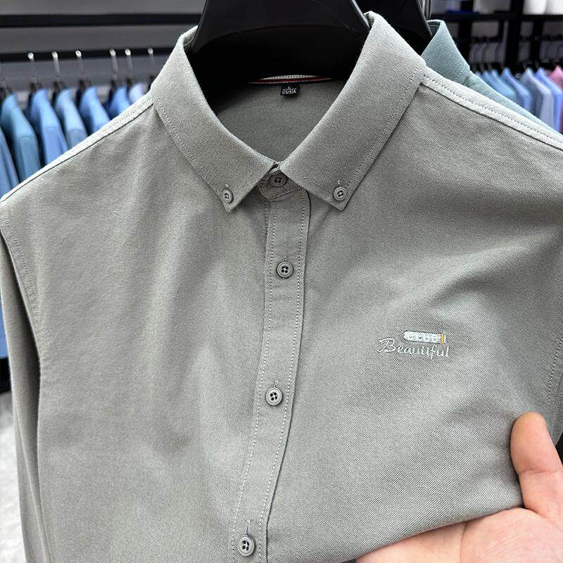 男士高端纯色休闲衬衫春秋季新款中年爸爸装100纯棉长袖衬衣上服