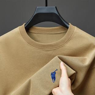 轻奢男士春秋季新款长袖T恤中年爸爸装圆领打底上衣战马刺绣卫衣