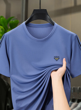 2025男士夏季新款冰丝圆领短袖T恤中年爸爸装凉感半袖上衣服popi