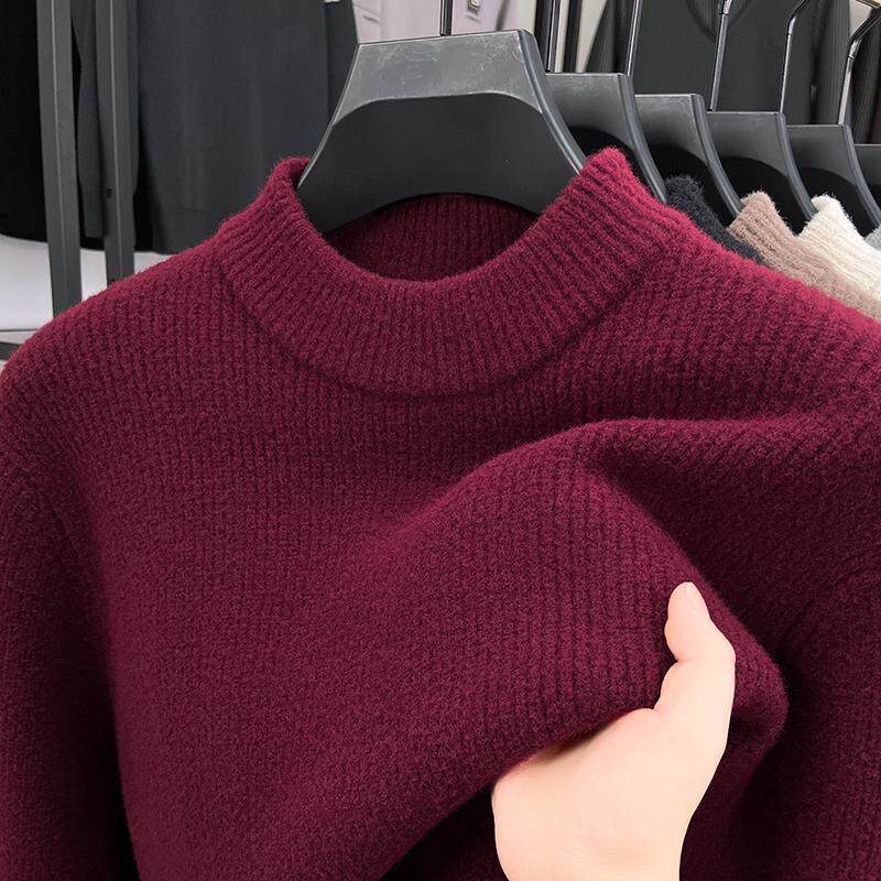 2025蛇年男士秋冬季红色半高领毛衣针织衫爸爸装本命年打底上衣服