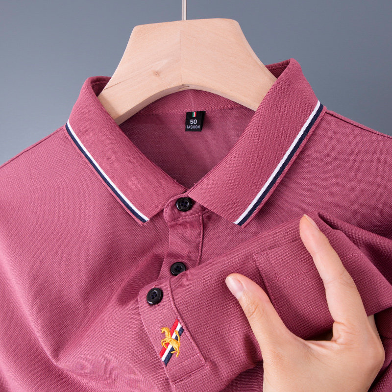 男士短袖T恤polo衫中年爸爸夏装粉色显年轻poll真口袋上衣服plol