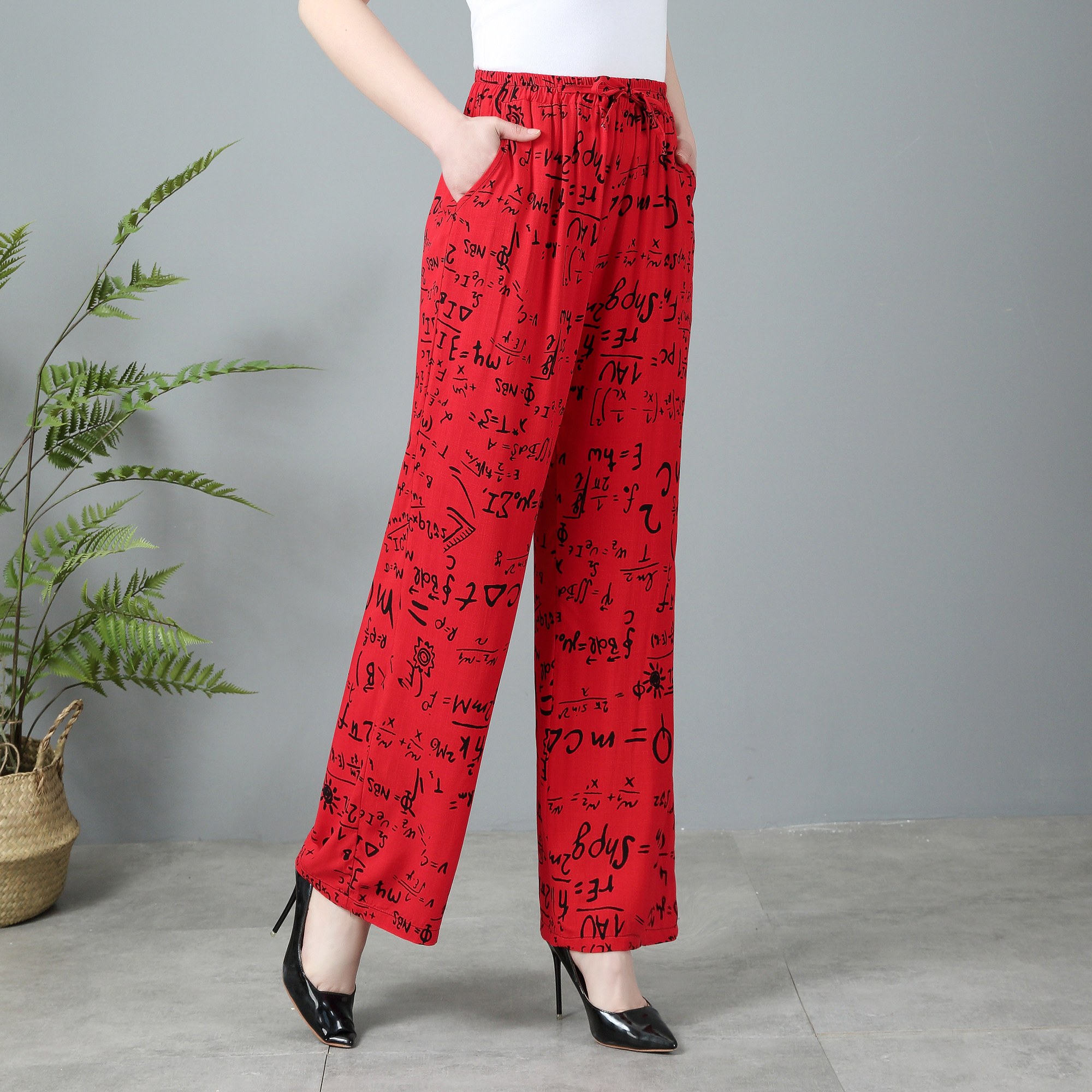 时尚红色字母阔腿女裤夏季薄款宽松百搭松紧腰休闲裤大码棉麻长裤