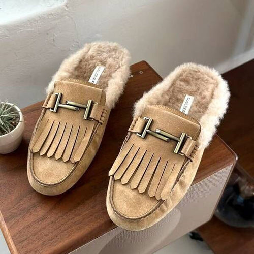 苏木槿复古真皮流苏包头保暖毛毛拖鞋穆乐鞋女2025冬新款百搭通勤
