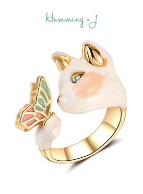 韩国Humming J猫咪蝴蝶开口戒指女个性网红可爱活口单身食指戒子
