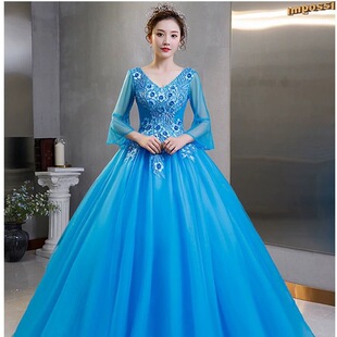 彩纱婚纱学生表演礼服优雅显瘦蓬蓬裙年会主持晚礼服长款演出服女