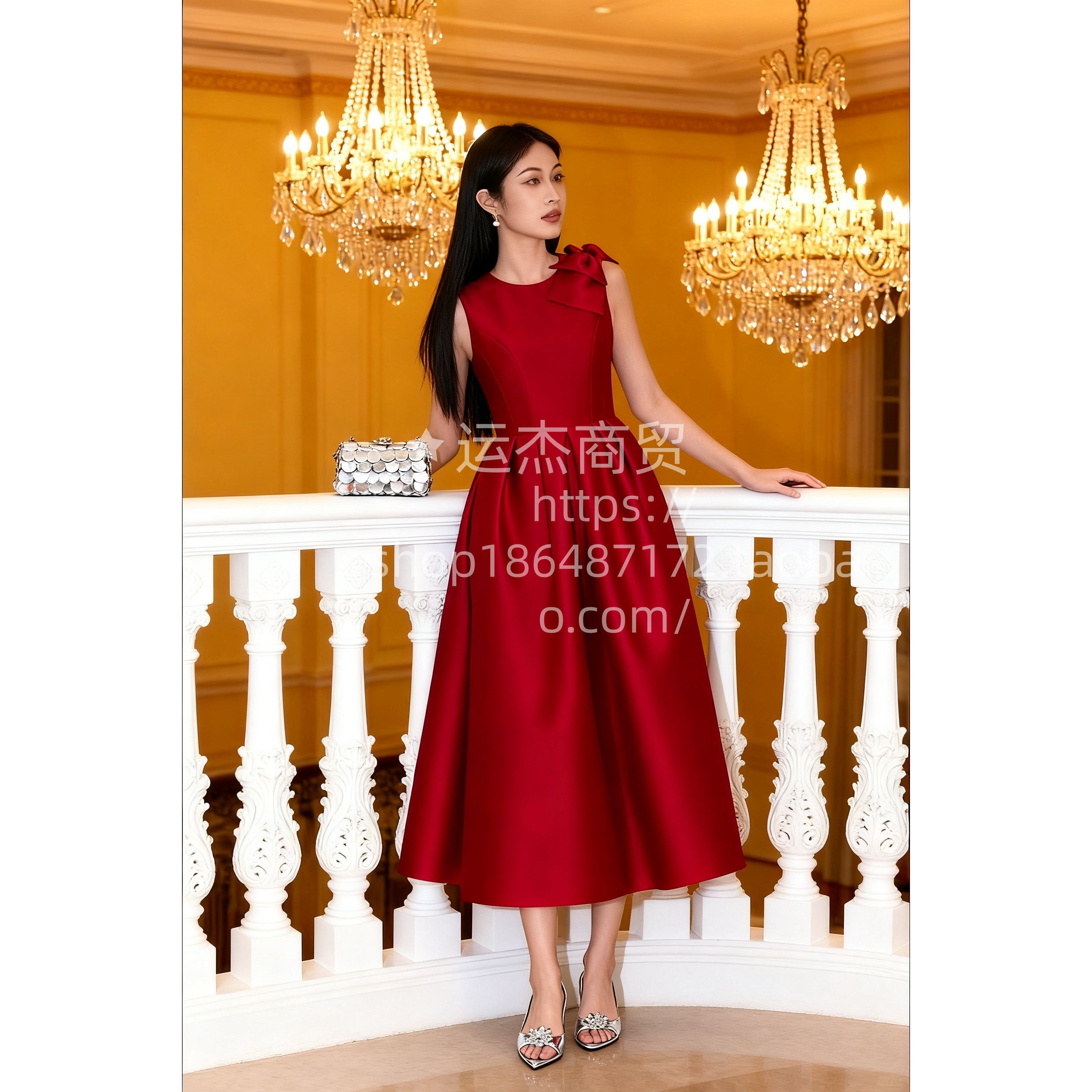 裙子法式连衣裙女新款红色无袖蝴蝶结长裙高级感小礼服裙成人礼