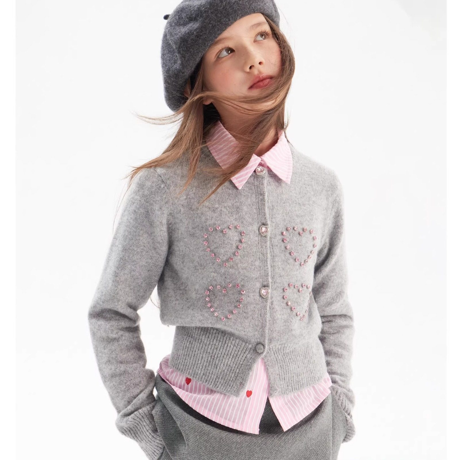 MINIKIDS 中厚羊毛混纺毛衣 软糯舒适粉色爱心重工钉钻针织开衫,童装/婴儿装/亲子装,毛衣/针织衫,淘宝优惠券,粉丝福利购,淘宝优惠卷