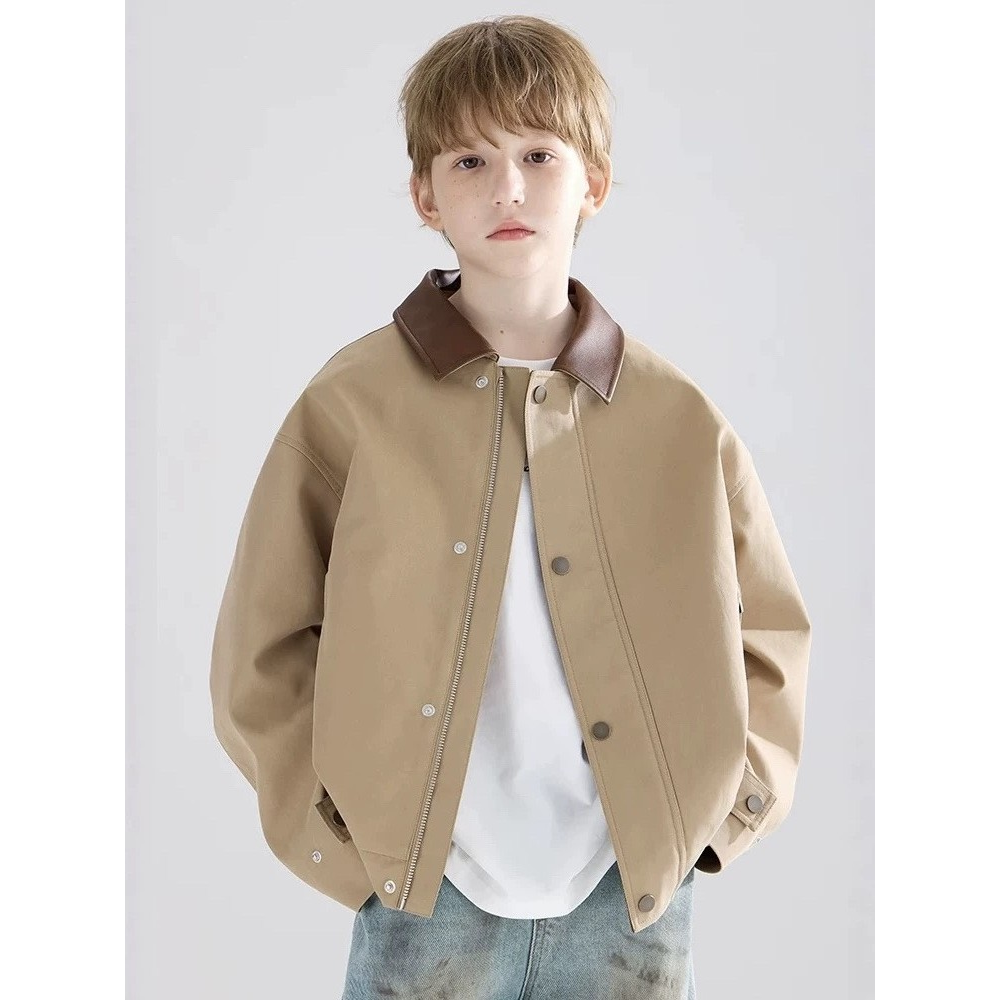 童装2025秋装新款巴恩风质感抗皱覆古翻领撞色夹克休闲外套男童