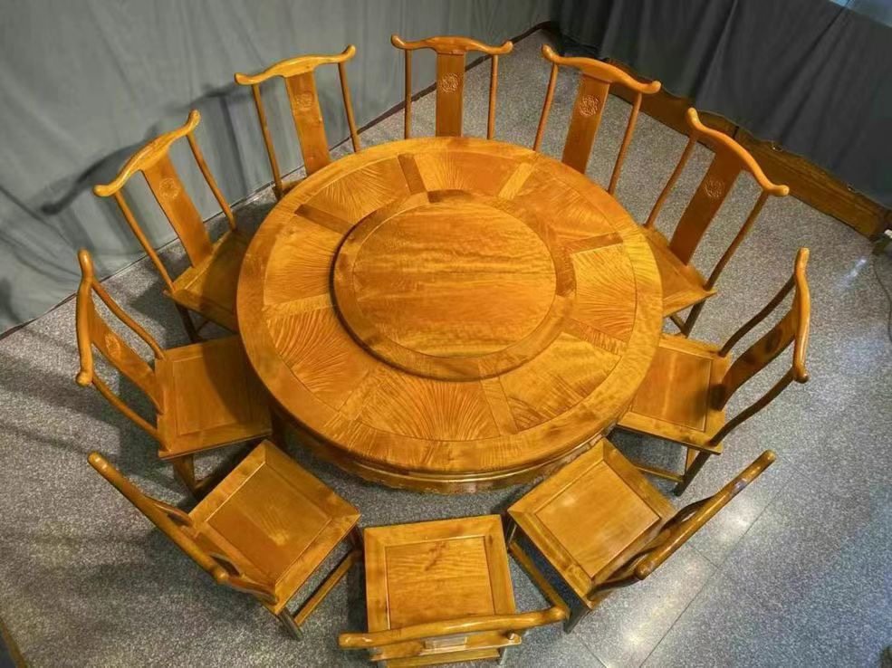 正宗金丝楠木餐桌实木圆餐桌椅组合家用客厅饭桌新中式水波纹1.58