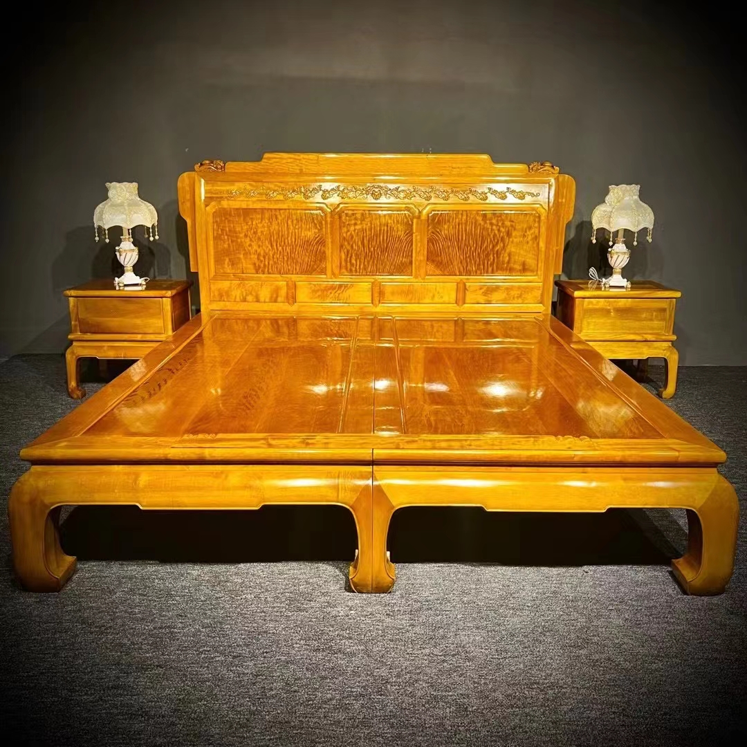 新品正宗四川金丝楠木小叶桢楠床铺三件套实木水波纹新中式双人床