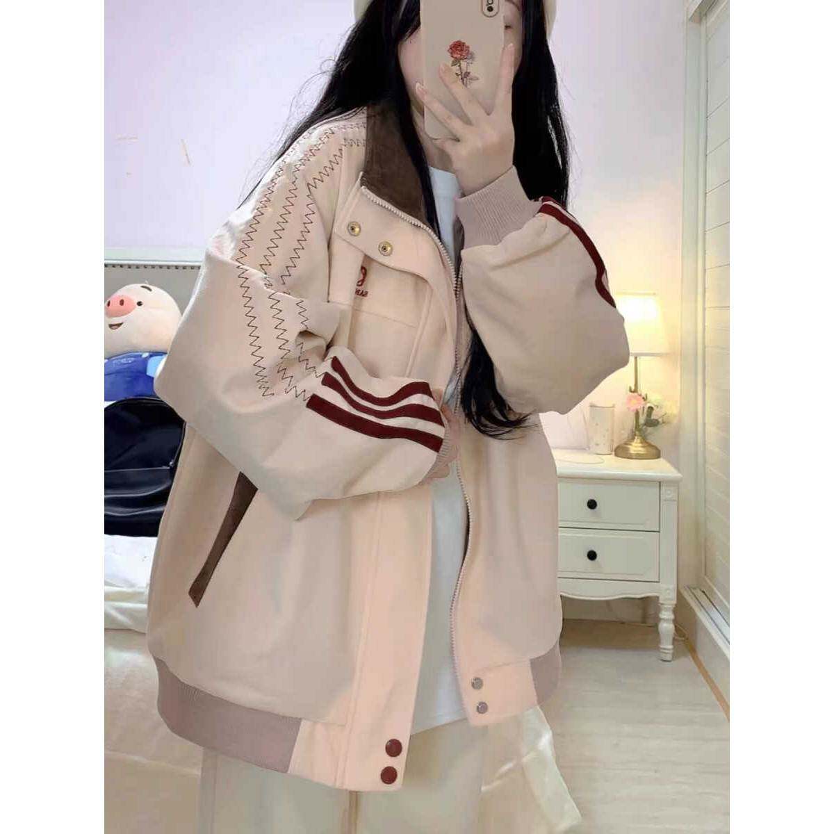 超好看粉色独特设计感棒球服外套女春秋情侣拼接开 衫小众韩系夹