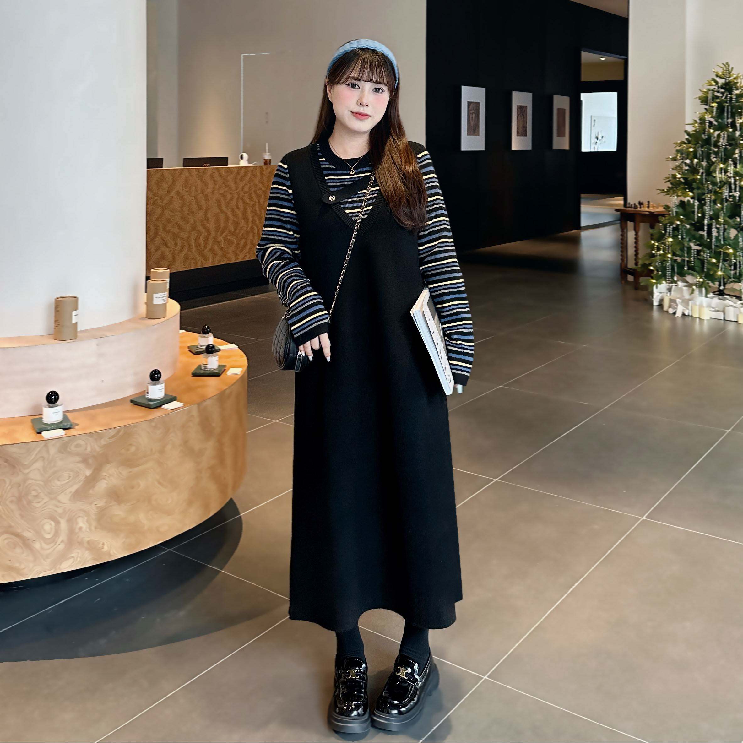 慕翎大码女装胖妹妹mm韩系秋冬减龄遮肉显瘦假两件条纹针织连衣裙
