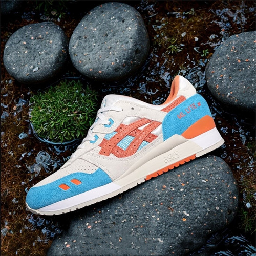 代购Asics x MITSUI GEL-LYTE III 07亚瑟士联名限定蓝橙跑鞋刺绣