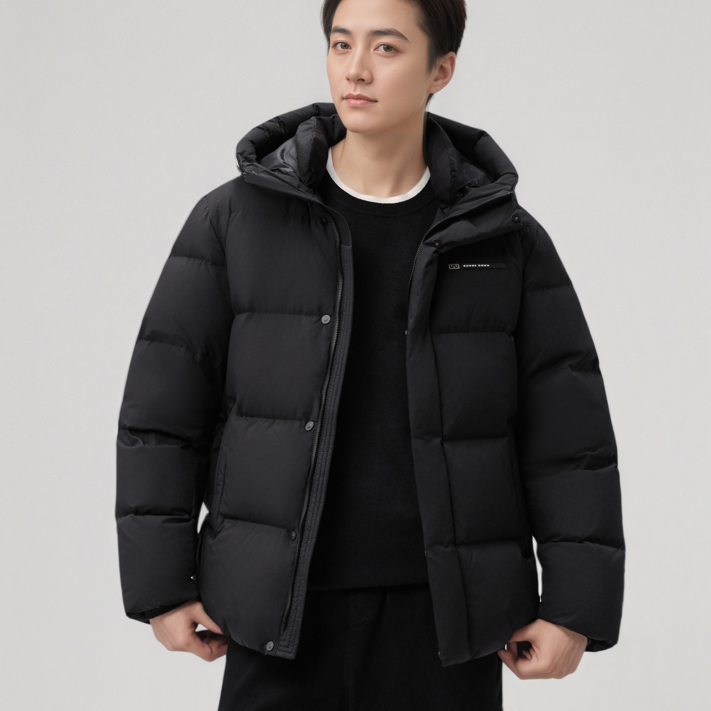 90鹅绒加厚短款连帽男士羽绒服