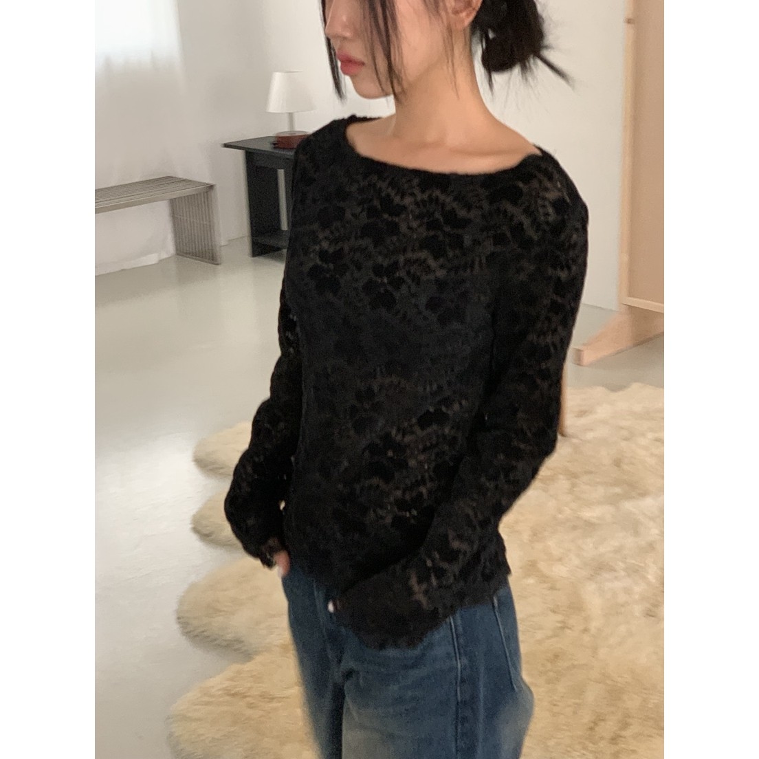 SUNDER MARKET东大门㊣实拍女士新品推荐长袖T恤天鹅绒蕾丝