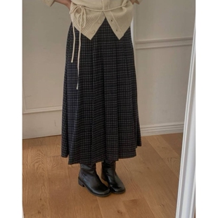 HAY KNOCK韩国代购㊣女装新款休闲25秋冬真品长裙格子褶裥
