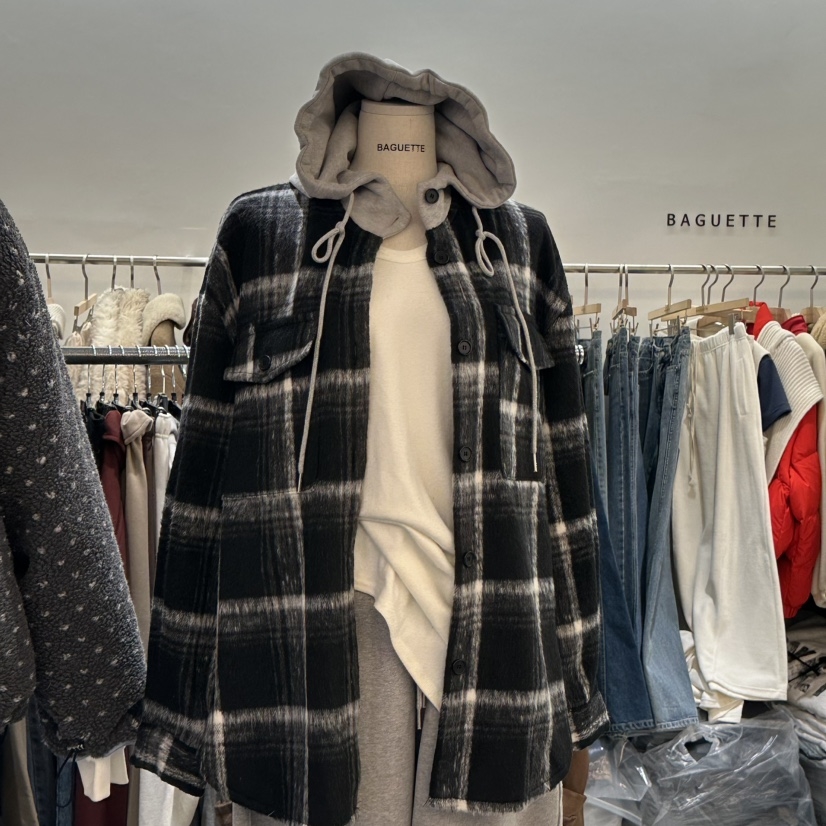 BAGUETTE-P东大门㊣代购女装新款时尚休闲人气衬衫连帽衫格子