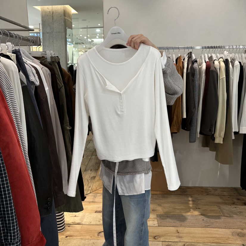 CREAMVILLA东大门㊣代购女士新品时尚热卖25秋冬长袖T恤假两件