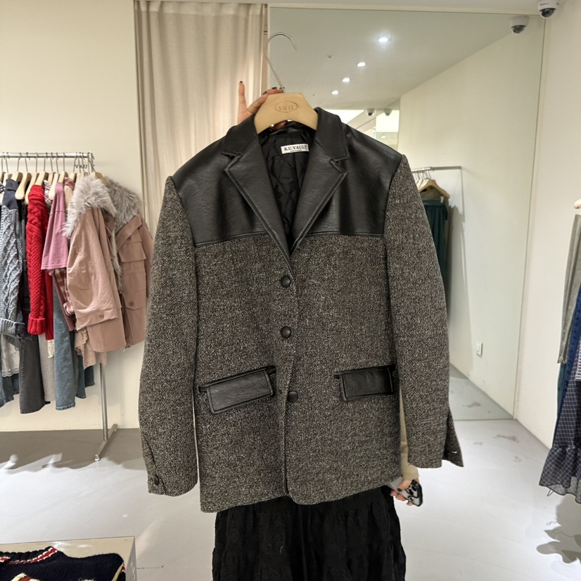 VAULT韩国代购㊣女装新款真品人气休闲25秋冬夹克人字纹皮革