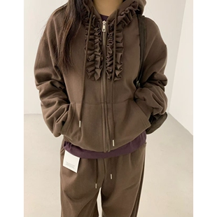 J CRANE东大门㊣直邮女装新款人气热卖夹克连帽拉链衫荷叶边