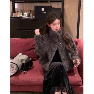 2025新款立领环保小湖羊女短款小个子仿皮草外套毛毛上衣女
