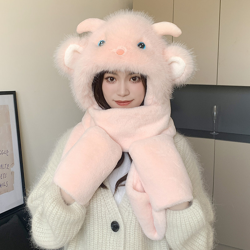 卡通小羊帽子围巾手套一体三件套